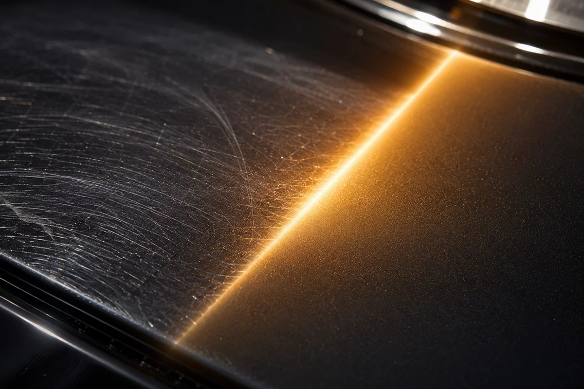 Extreme macro photography close-up of luxury car metallic black paint protected by TPU film showing Self-Healing magic