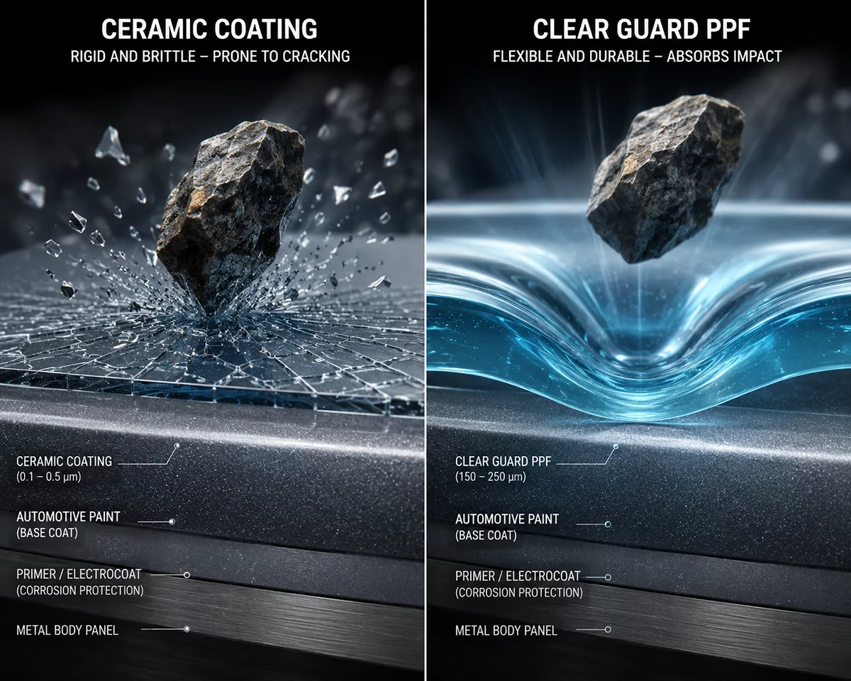 Split-screen 3D macro cross-section graphic comparing thin ceramic coating vs thick flexible TPU Paint Protection Film during stone impact