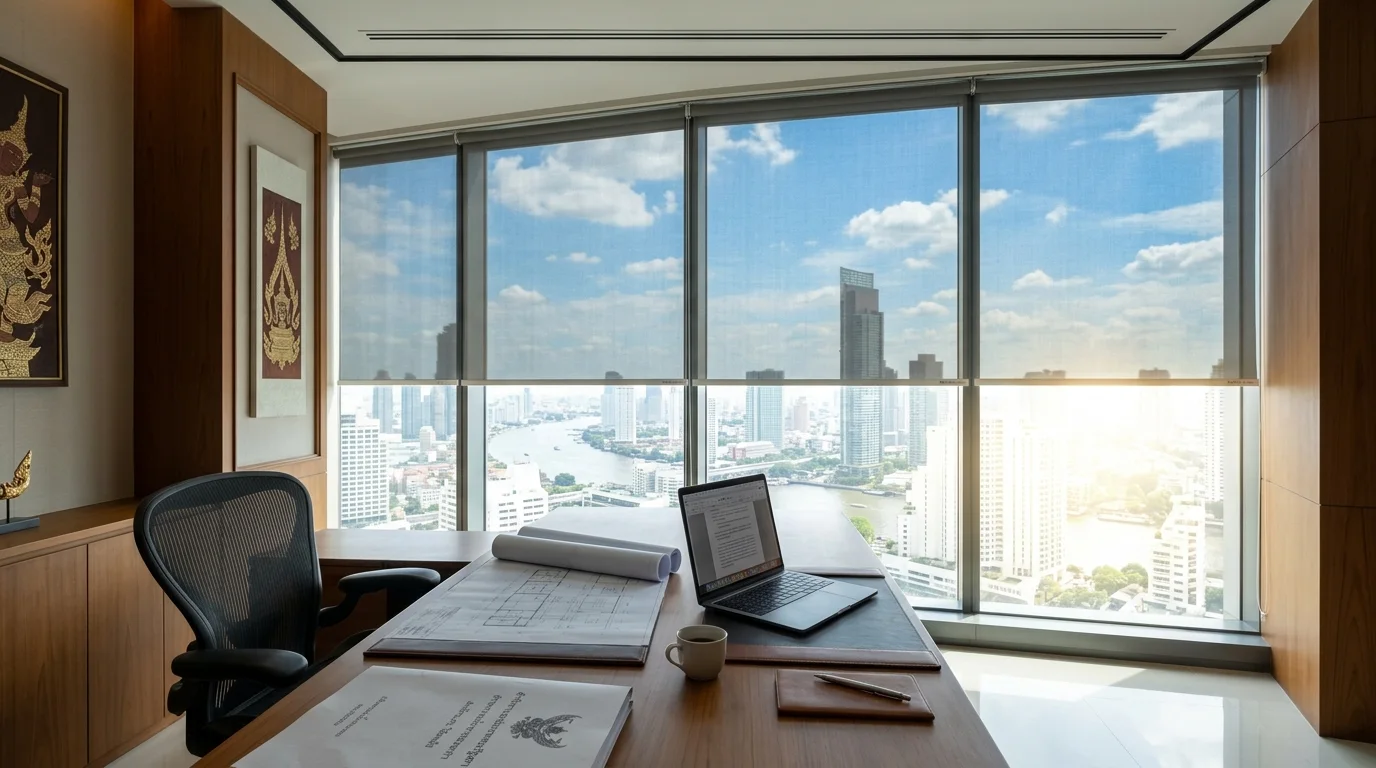 ม่านม้วนฟิล์มกรองแสง Eco Blind ตัดแสงสะท้อน 91% สำหรับห้องทำงานแสงจ้า