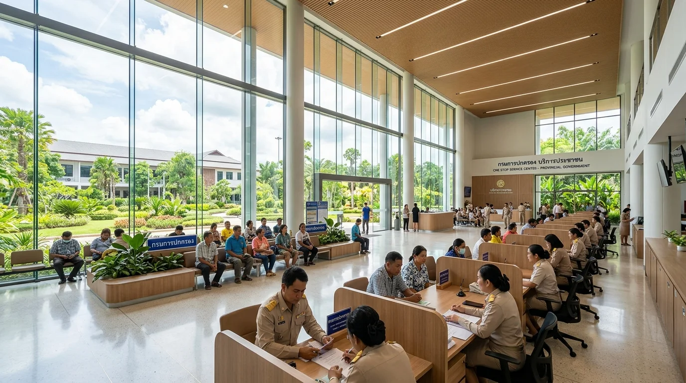 โถงบริการประชาชน One Stop Service และกระจกทางเข้าอาคารรัฐ