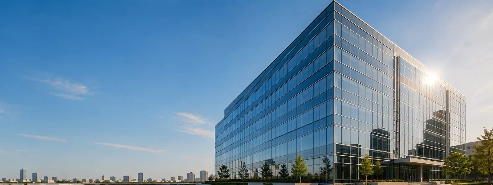 Office building with a large glass curtain wall treated with architectural film, reducing heat and supporting energy efficiency with a premium look