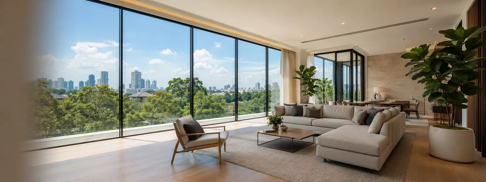 Modern home living room fitted with architectural window film, softened natural light and a cool comfortable interior protected from UV