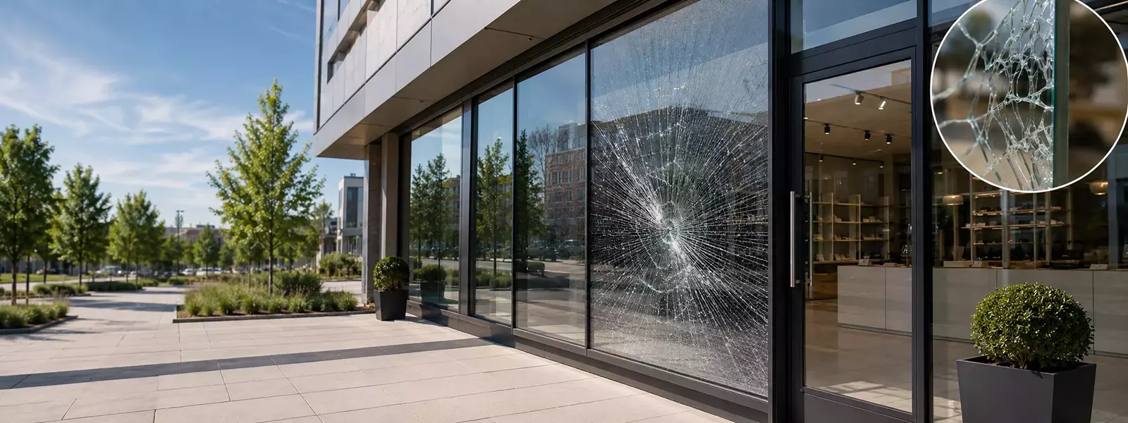 Storefront and ground-floor glass protected with safety film that helps hold shattered glass together for added protection