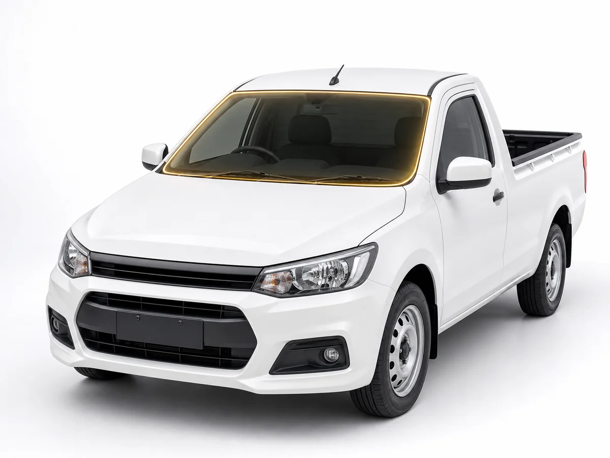 White pickup or small car with gold glowing windshield film design for Clear Guard Windshield