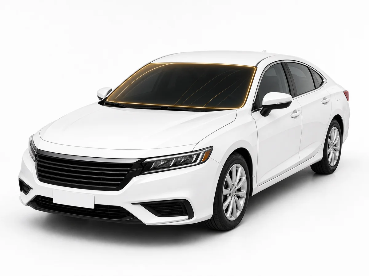 White sedan with gold glowing windshield film design for Clear Guard Windshield
