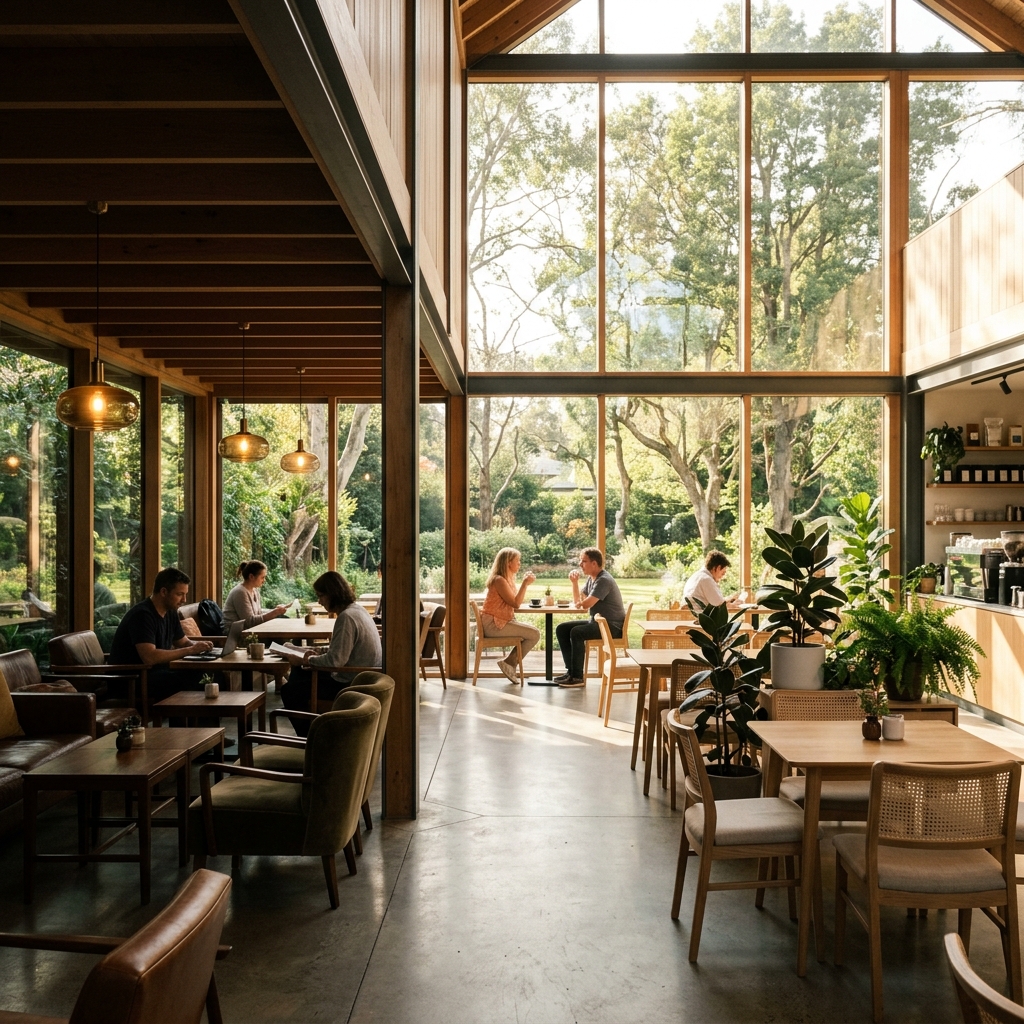 Example layout of glass house cafe seating zones aligned with solar path