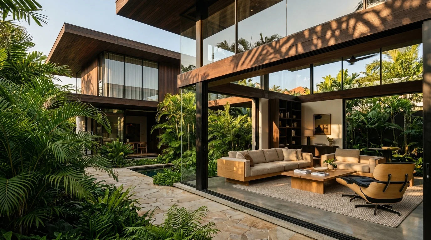 บ้านกระจกโมเดิร์นทรอปิคอลที่เปิดรับแสงธรรมชาติพร้อมชายคาไม้และสวนคอร์ทยาร์ด