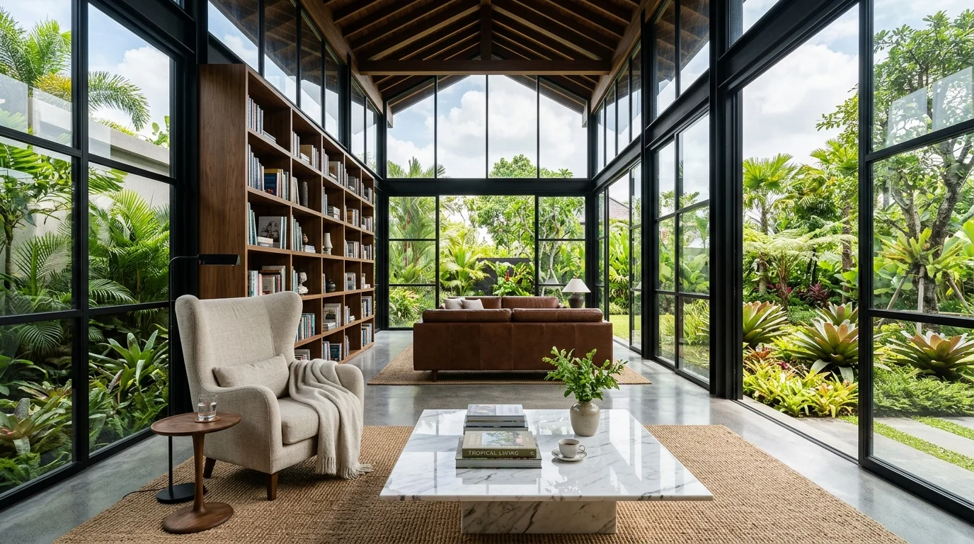 Sunlit contemporary home library and garden lounge protected by optical architectural film and natural landscaping