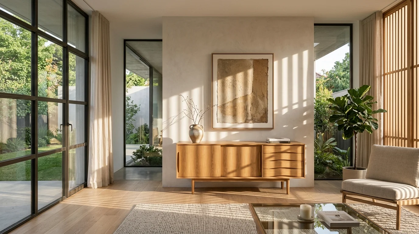 Natural daylight illuminating natural white oak cabinetry and curated Scandinavian living area decor