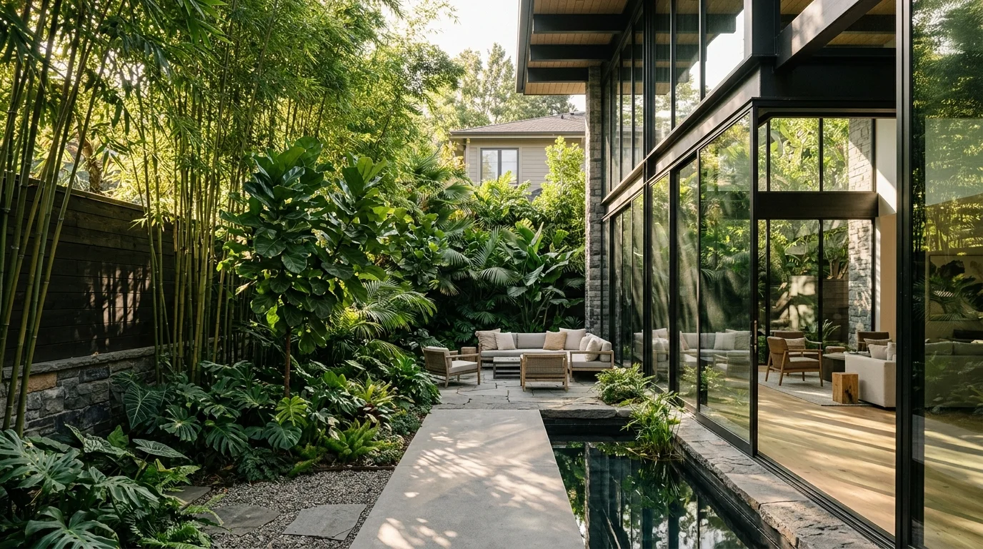 Biophilic landscape design with decorative bamboo screens and vertical gardens creating a natural privacy buffer