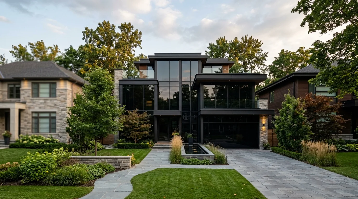 Modern glass villa fitted with deep charcoal nano-ceramic window film offering non-reflective exterior privacy