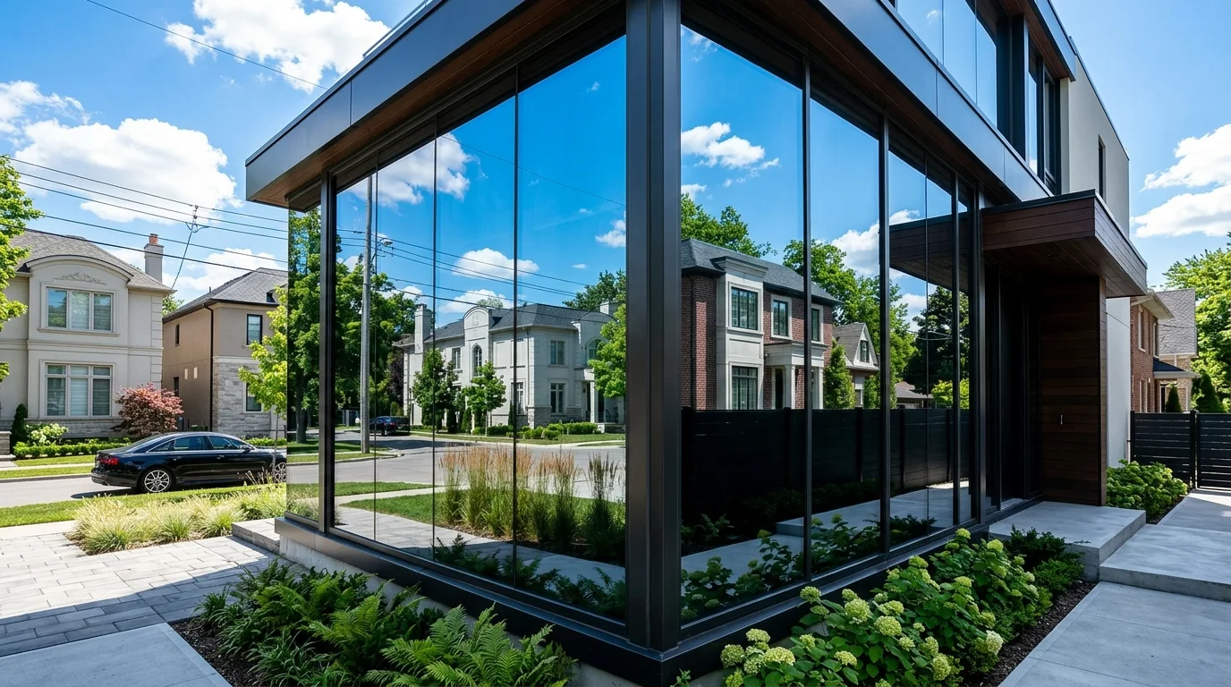 Exterior perspective of a modern glass house featuring one-way reflective window film mirroring opposite neighborhood scenery