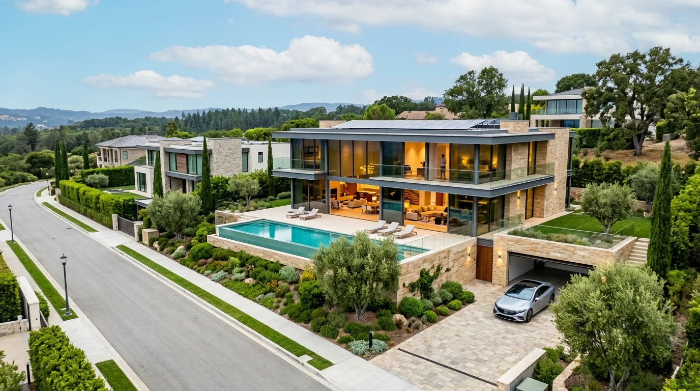Contemporary luxury glass house architecture surrounded by lush landscaping and balanced natural light
