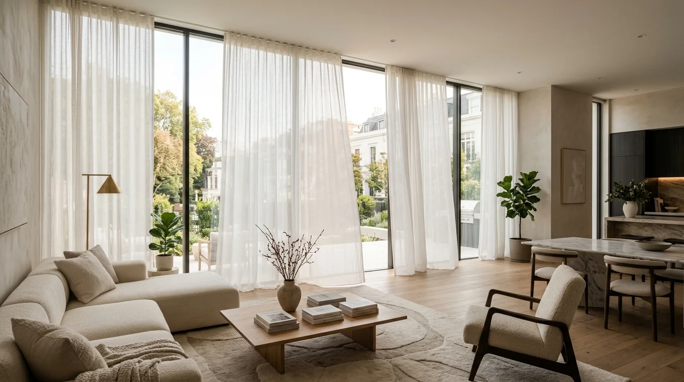 Elegant glass house interior styled with ceiling-recessed sheer linen curtains diffusing daylight and softening views