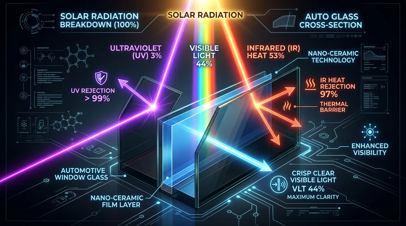 แผนภาพทางวิศวกรรมแสดงสเปกตรัมรังสีแสงอาทิตย์ 3 ชนิด รังสี UV 3% แสงสว่าง Visible Light 44% และรังสีความร้อน Infrared 53% ผ่านชั้นฟิล์มนาโนเซรามิคที่ตัดรังสีความร้อนออกไป