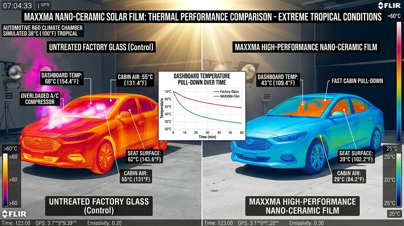 ภาพถ่ายความร้อนเปรียบเทียบ Thermal Imaging ระหว่างรถกระจกเดิมที่สะสมความร้อนสูง กับรถที่ติดตั้งฟิล์มนาโนเซรามิค พร้อมกราฟแสดงการลดลงของอุณหภูมิห้องโดยสารที่รวดเร็วกว่า