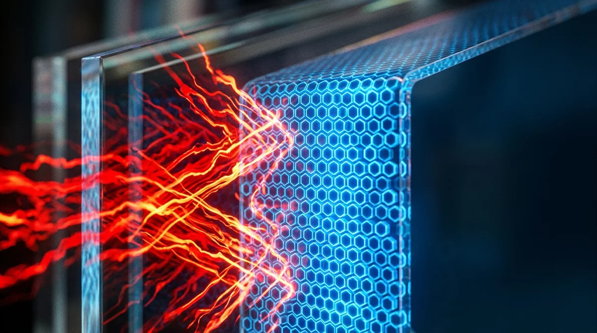 A 3D macro photograph showing MAXXMA's hexagonal nano-ceramic particles instantly reflecting infrared heat waves
