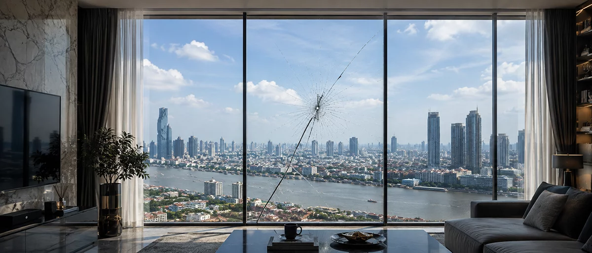 Spiderweb crack on a high-rise building glass from Thermal Stress Breakage caused by using conventional car film on architectural glass