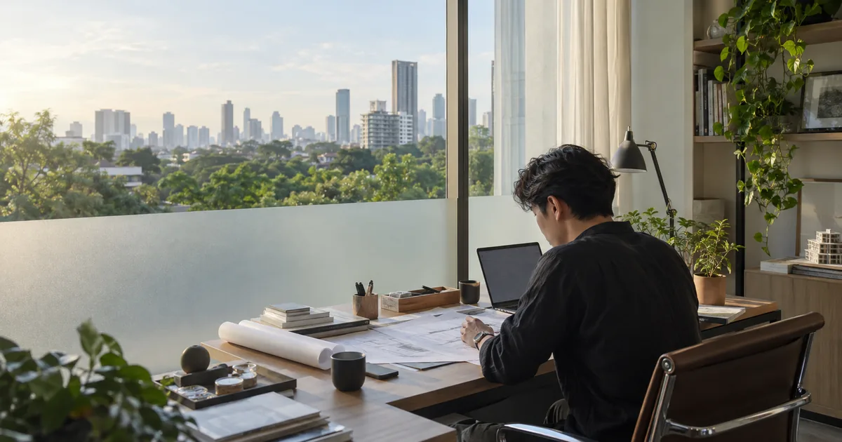 นักออกแบบชาวไทยทำงานที่โต๊ะริมหน้าต่าง โดยมีฟิล์มฝ้าติดเฉพาะระดับสายตาขณะนั่ง