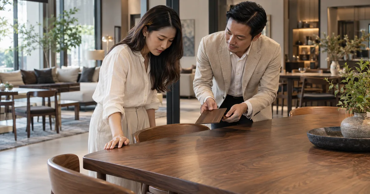 A Thai homeowner and furniture consultant examine a wood table edge and finish sample