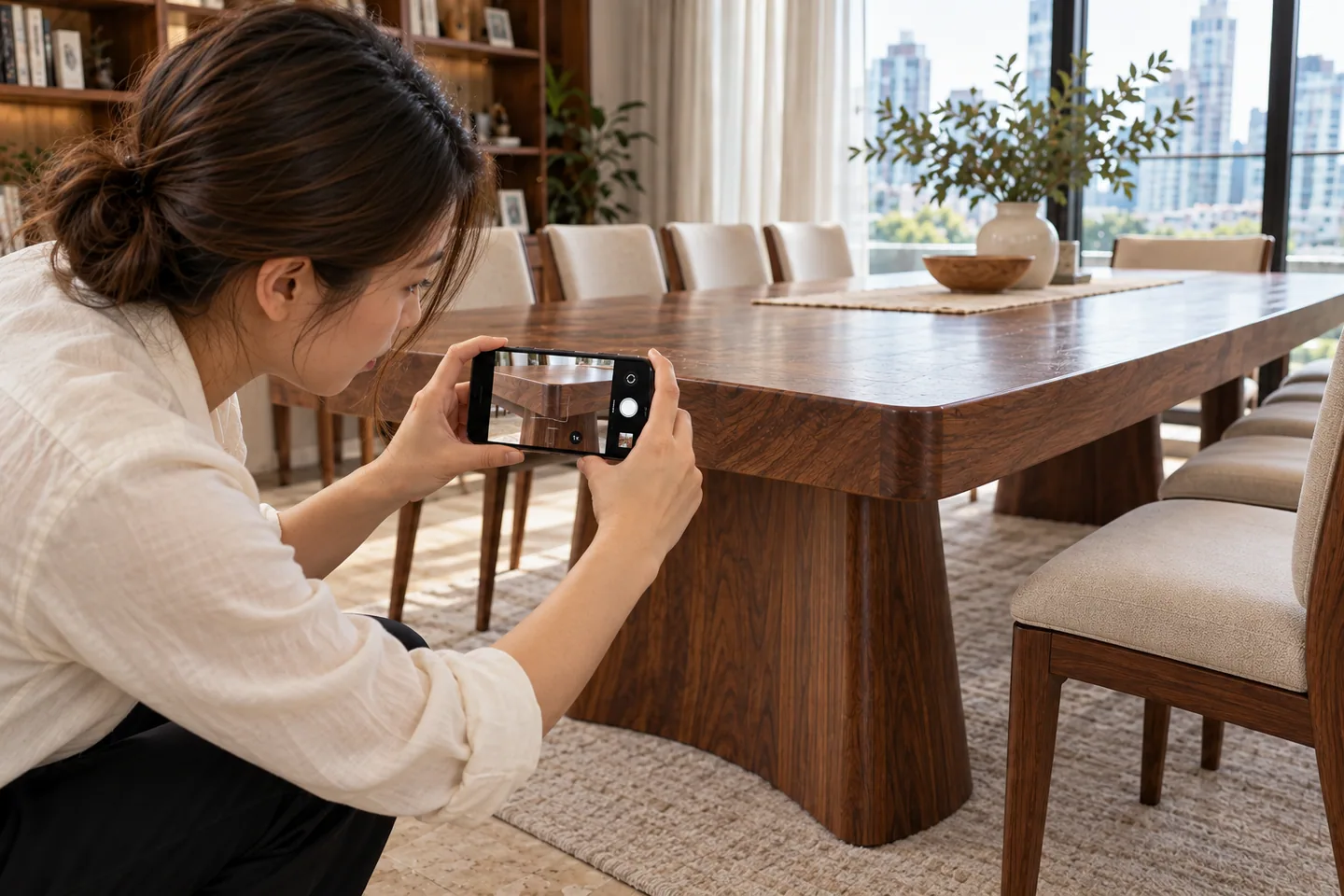 A Thai homeowner photographs the rounded corner and edge of a wooden table for an installer