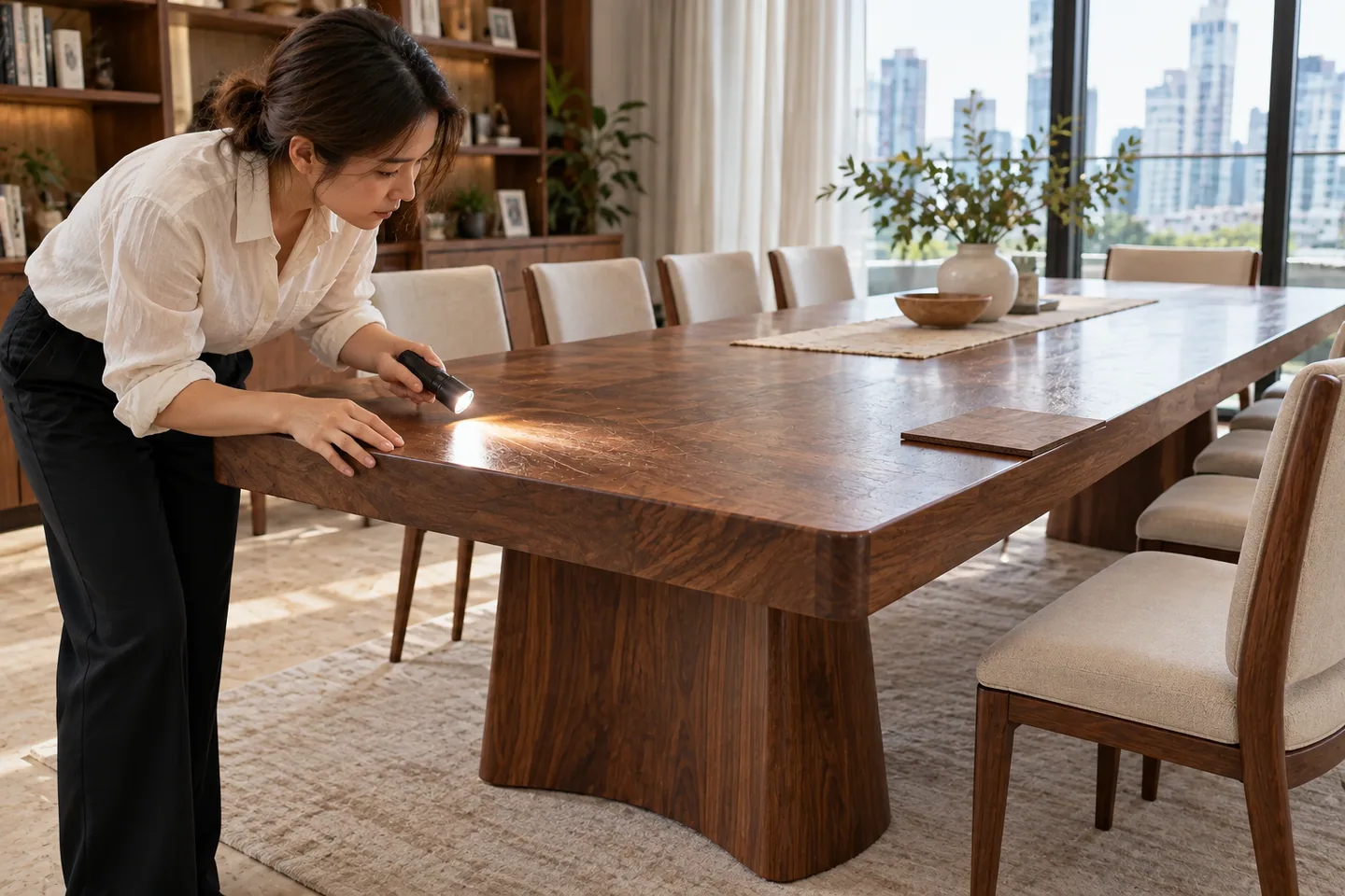 A Thai homeowner uses angled flashlight light to inspect the surface and edge of a large walnut dining table