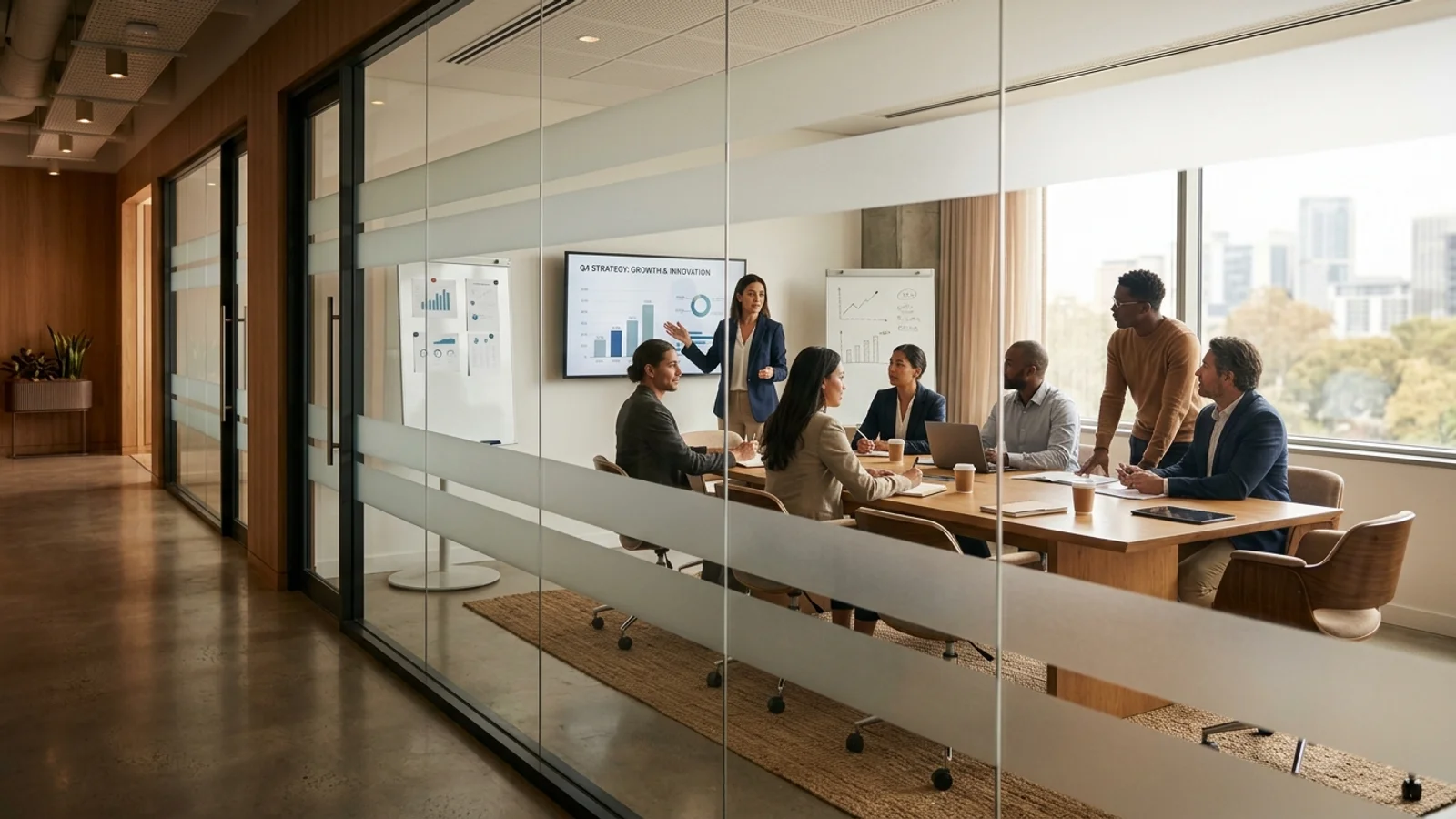 Executive team collaborating with confidence behind frosted architectural glass partitions