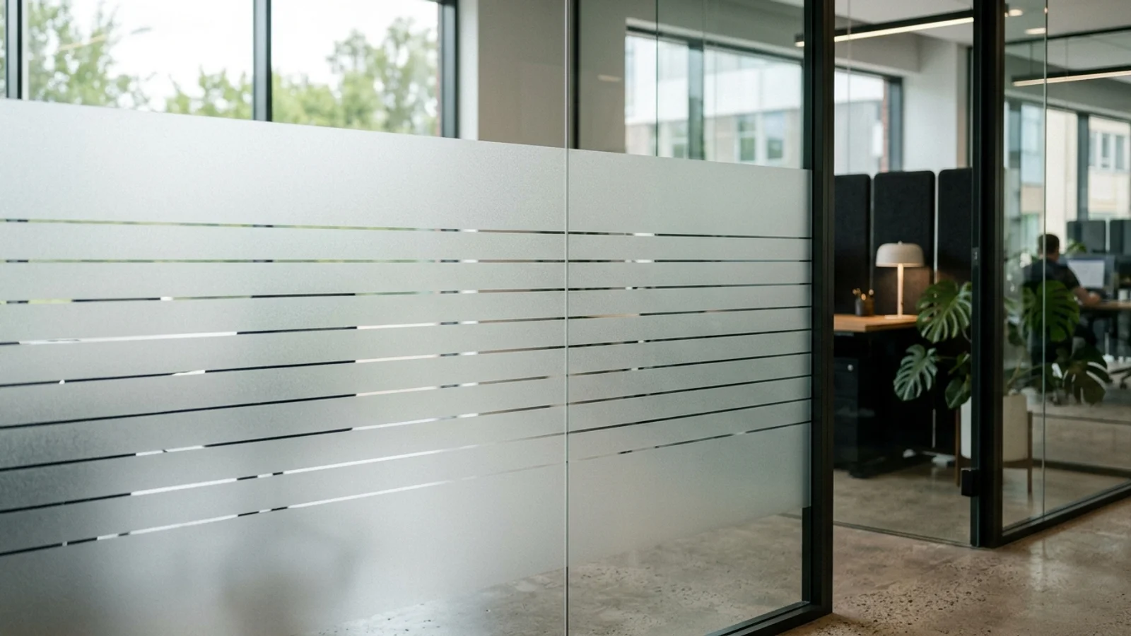 Close up texture of frosted architectural window film with subtle geometric lines diffusing natural sunlight