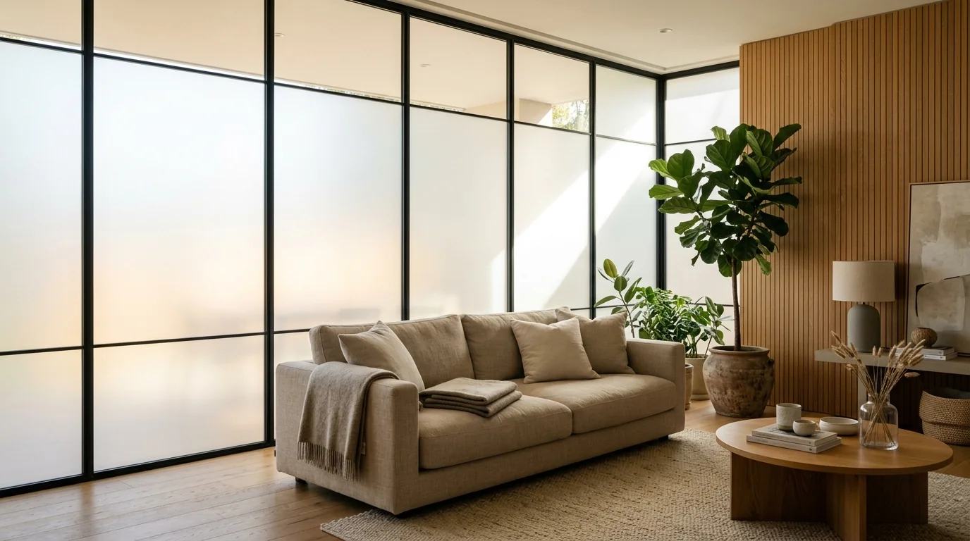 Modern Japandi living room featuring full frosted glass partition, turning harsh sunlight into soft ambient light like a studio softbox