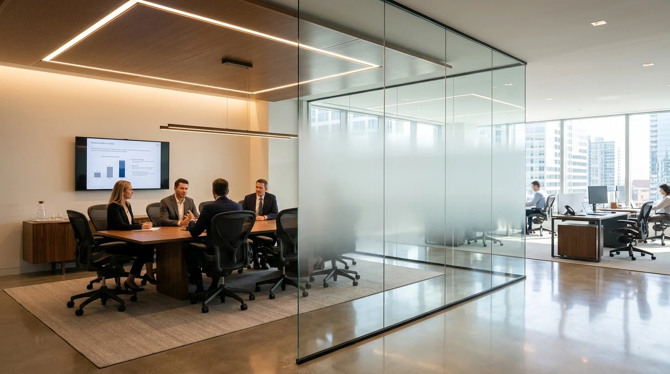 Modern corporate office meeting room with gradient frosted glass partition offering seated privacy while maintaining open ceiling visual connectivity