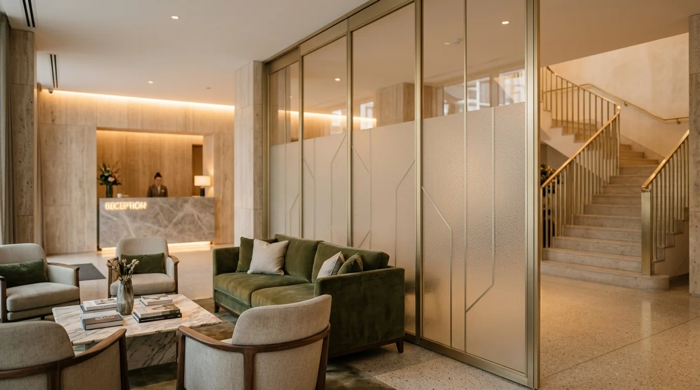 Luxury hotel lobby architectural glass screen featuring bespoke frosted decorative film mimicking acid-etched glass texture