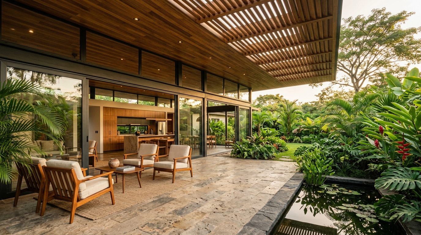 Timber patio and cantilevered architectural eaves extending toward tropical garden and reflecting pool