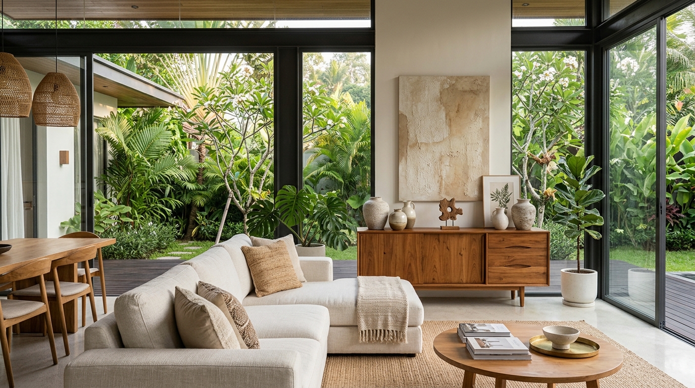 Open concept modern living room with teak furnishings and linen sofa, illuminated by soft natural light without glare