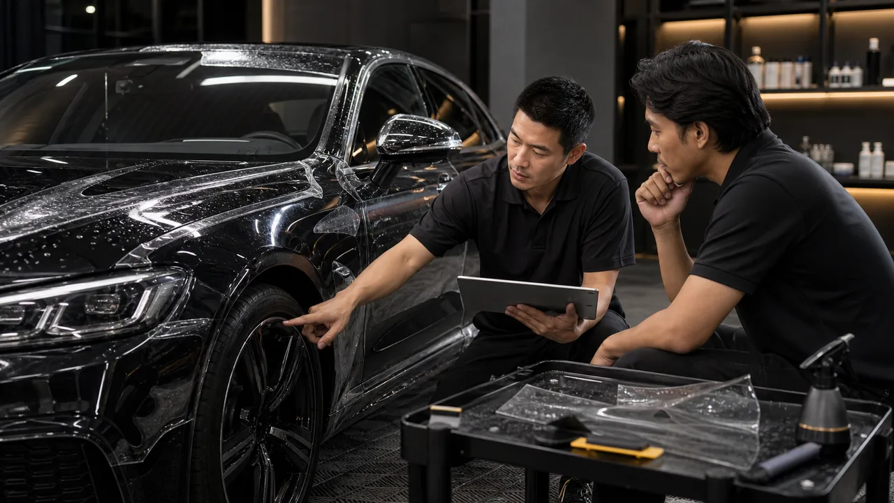 ผู้เชี่ยวชาญอธิบายตำแหน่งติดฟิล์มใสกันรอย PPF ให้เจ้าของรถในสตูดิโอ