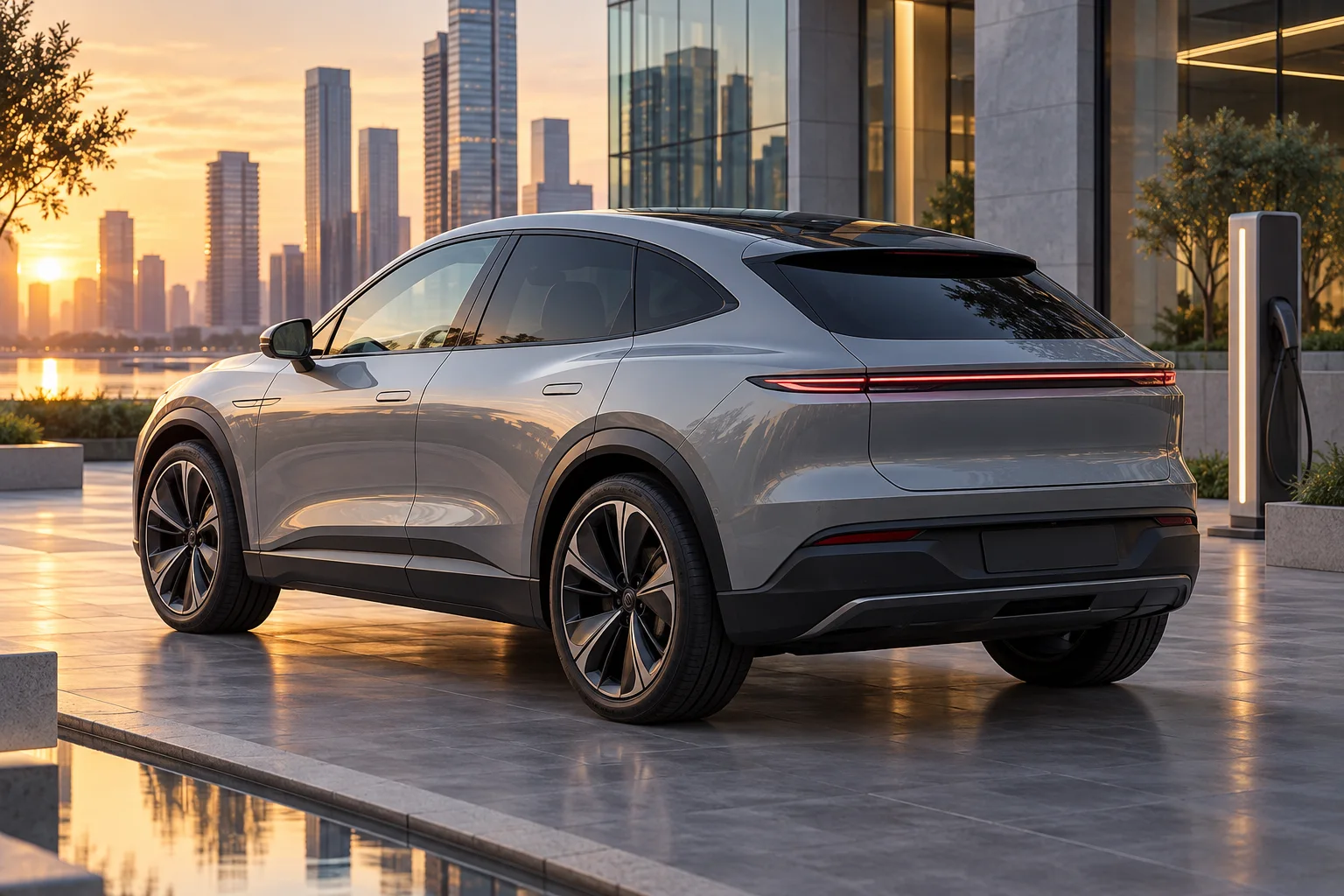ภาพประกอบรถ SUV ไฟฟ้าและกระจกหลังเข้ม สำหรับข้อมูล XPENG New G6 รุ่นปี 2026