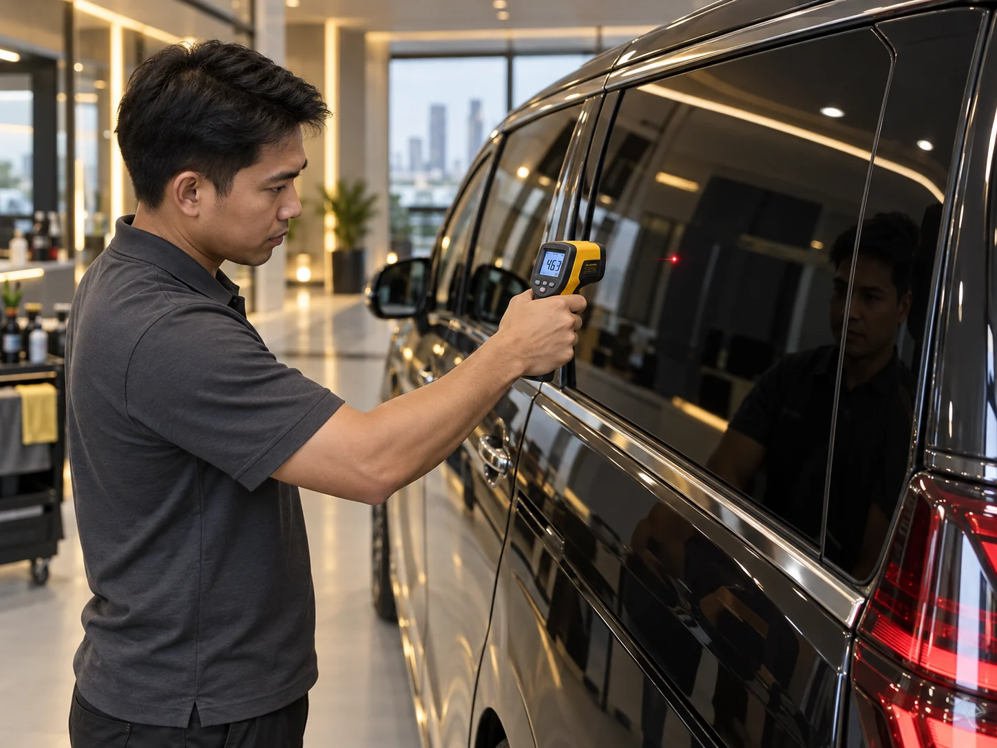 ช่างไทยกำลังใช้เทอร์โมมิเตอร์อินฟราเรดแบบเลเซอร์ตรวจอุณหภูมิผิวกระจก Privacy Glass