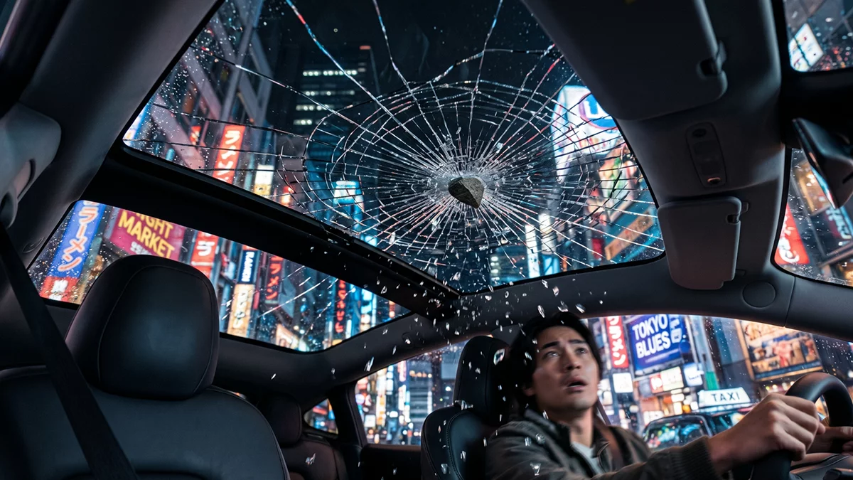 Panoramic sunroof glass shattered by stone impact cinematic slow motion